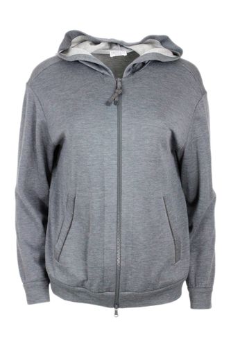 Cotton And Silk Sweatshirt With Hood And Monili On The Zip - Brunello Cucinelli - Modalova