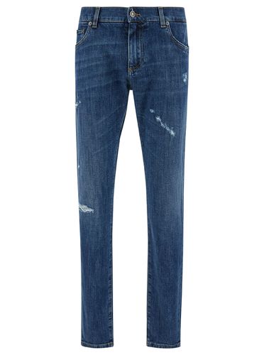 Five-pocket Jeans With Logo Plaque In Stretch Cotton Denim Man - Dolce & Gabbana - Modalova