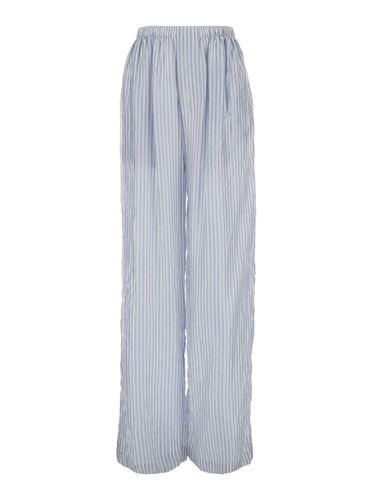 Light Blue And White Striped Pants With Logo Lettering Embroidery In Cupro Woman - Balenciaga - Modalova