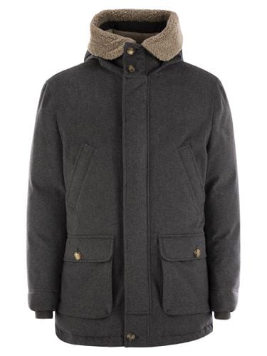 Membranated Wool Flannel Parka Down Jacket With Hood And Shearling Insert - Brunello Cucinelli - Modalova