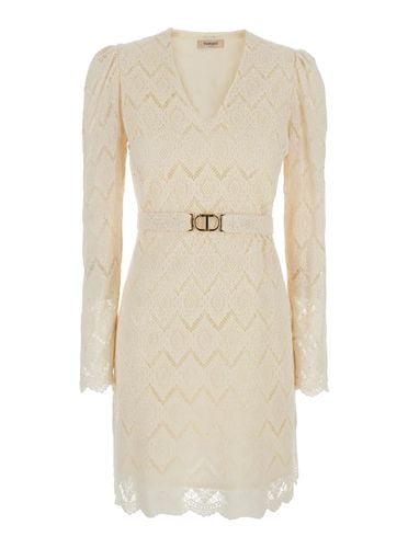 Beige Dress With Metallic Logo Plaque And Waist Belt In Macramé Cotton Woman - TwinSet - Modalova