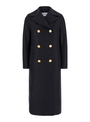 Black Double-breasted Coat With Gold Buttons In Wool Woman - Harris Wharf London - Modalova