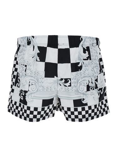 Light Blue And Black Swim Trunks With Nautical Barocco Print In Tech Fabric Man - Versace - Modalova