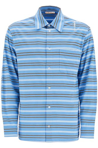 Light Blue Cotton Turtleneck Polo With Horizontal Stripes - Marni - Modalova