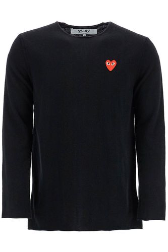 Black Wool Sweater With Red Heart Logo And Wide Neck - Comme des Garçons Play - Modalova