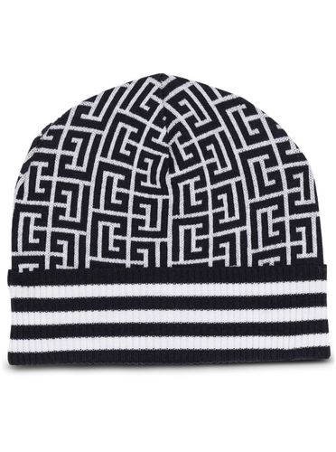 And White Beanie With Jacquard Monogram In Wool Man - Balmain - Modalova