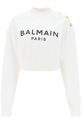 Cropped Sweatshirt With Logo Print And Buttons - Balmain - Modalova