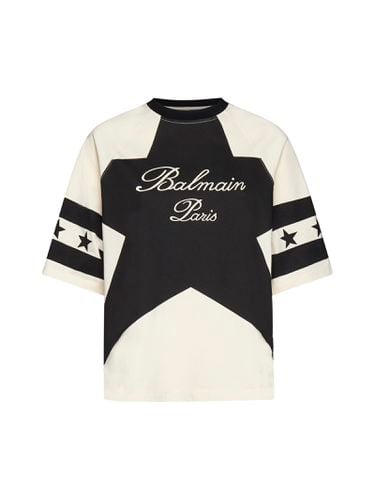 Cropped T-shirt With Star And Logo Prints - Balmain - Modalova