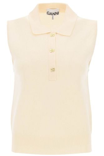 Sleeveless Polo Shirt In Wool And Cashmere - Ganni - Modalova