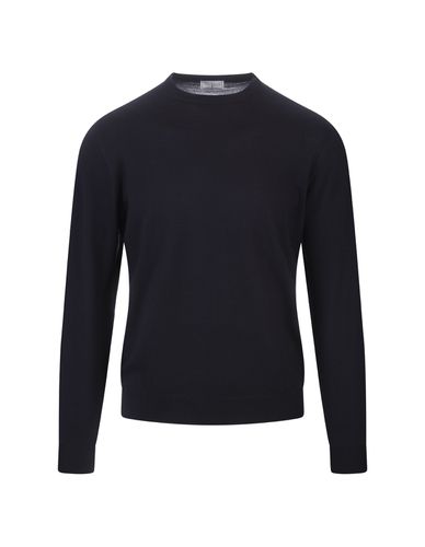 Round Neck Pullover In Navy Blue Wool - Fedeli - Modalova