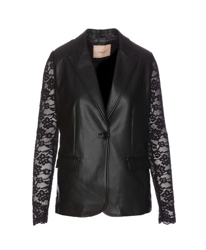 Leather Effect Blazer With Lace - TwinSet - Modalova