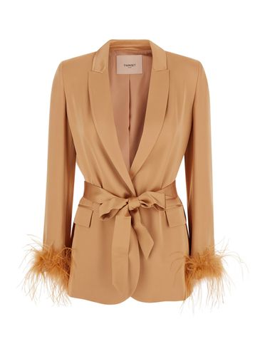 Beige Single-breasted Jacket With Feather Cuffs In Satin Woman - TwinSet - Modalova