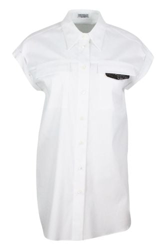 Sleeveless Shirt In Stretch Cotton With Front Pockets Embellished With Shiny Jewels - Brunello Cucinelli - Modalova