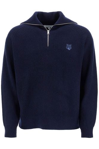 Ink Blue Wool Sweater With Fox Head Patch And Half Zip - Maison Kitsuné - Modalova