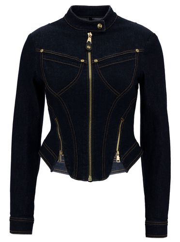 Blue Zip-up Jacket With Contrasting Stitching In Stretch Cotton Denim Woman - Versace Jeans Couture - Modalova