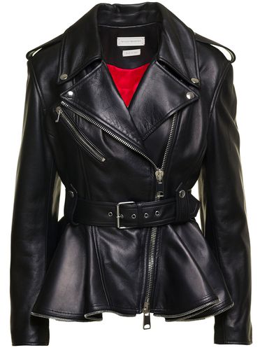 Biker Jacket With Peplum Hem And Belt In Smooth Leather Woman - Alexander McQueen - Modalova