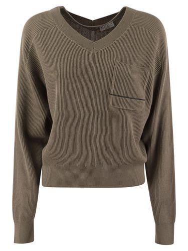 Cotton Rib Sweater With Jewel - Brunello Cucinelli - Modalova