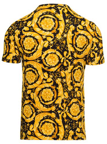 Black And Crewneck T-shirt With All-over Barocco Print In Stretch Cotton Man - Versace - Modalova