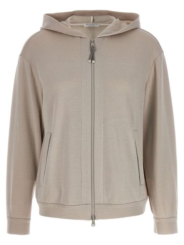 Hoodie With Zip Closure In Cotton And Silk - Brunello Cucinelli - Modalova