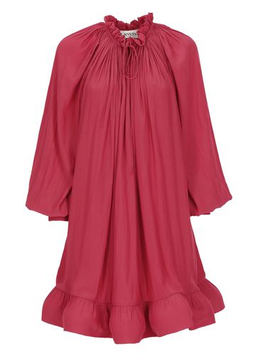 Short Dress In Watermelon Charmeuse With Long Sleeves And Ruffles - Lanvin - Modalova