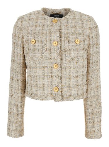 Cropped Jacket With Medusa Head Motif Button In Tweed Woman - Versace - Modalova