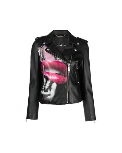 Leather Jacket With Heat Pressed Print. Decentralised Fastener By Contrasting Zip - John Richmond - Modalova