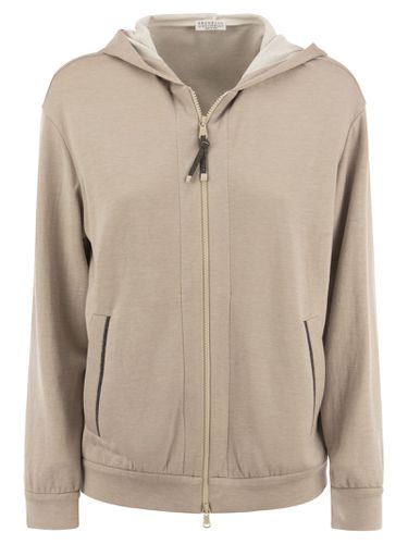 Cotton And Silk Sweatshirt With Hood And Monili On The Zip - Brunello Cucinelli - Modalova