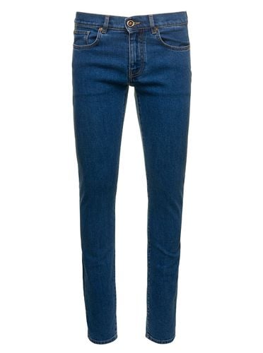 Fitted Jeans With Logo Embroidered And Botton In Cotton Blend Denim Woman - Versace - Modalova