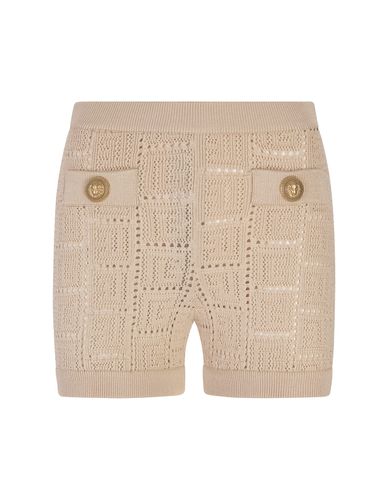 Beige Perforated Knit Shorts With Monogram - Balmain - Modalova