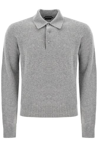 Grey Long Sleeve Polo Shirt With Tonal Embroidery In Cashmere Man - Tom Ford - Modalova