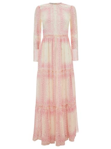 Maxi Pink Flounced Dress With Romantic Print In Silk Woman - Philosophy di Lorenzo Serafini - Modalova