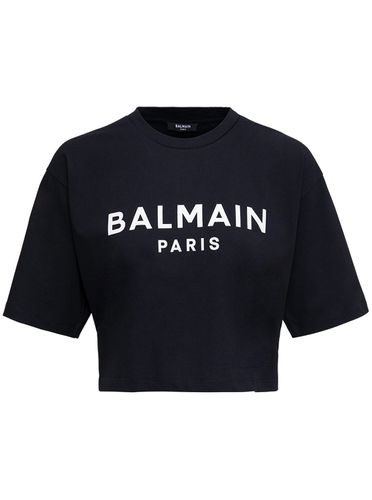 Cropped T-shirt With Contrasting Logo Print In Cotton Woman - Balmain - Modalova