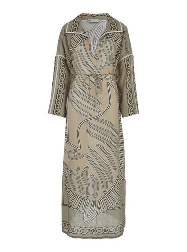 Beige Kaftan Dress With All-over Print In Linen Woman - Tory Burch - Modalova