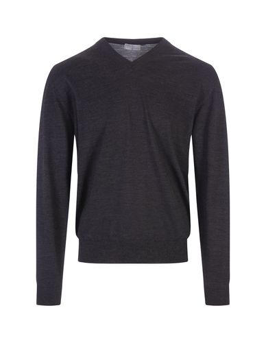 Anthracite Wool V-neck Pullover - Fedeli - Modalova