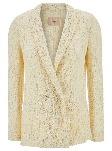 Cream Double-breasted Jacket With Logo Patch In Lace Woman - TwinSet - Modalova