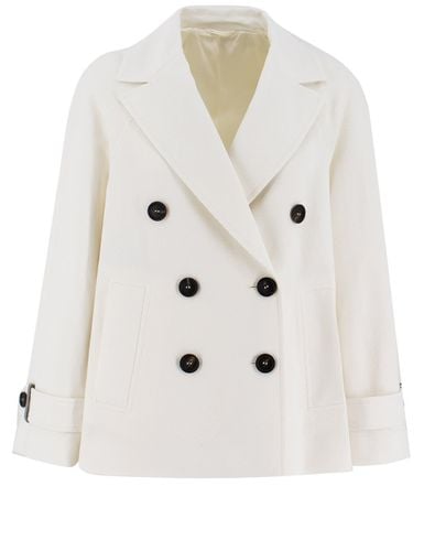 White Double Breasted Jacket With Beaded Jewelry Decoration In Cotton And Linen Blend Woman - Brunello Cucinelli - Modalova