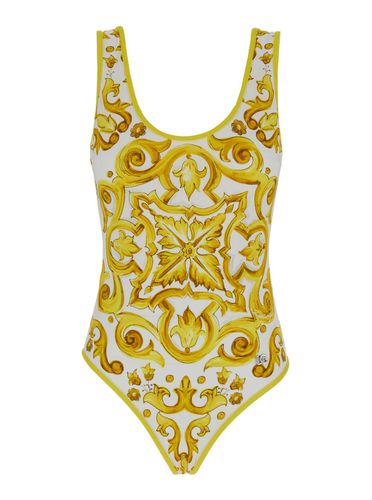 Yellow And White One-piece Swimsuit With Majolica Motif In Stretch Polyamide Woman - Dolce & Gabbana - Modalova