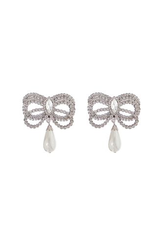 Hypoallergenic Brass Earrings In Silver With Bow And Drop Pearl - Alessandra Rich - Modalova