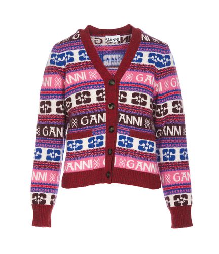 Ganni Pink Logo Wool Mix Cardigan - Ganni - Modalova