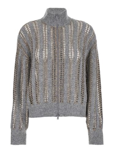 High Neck Cardigan With Diamond Yarn And Sequins In Wool And Mohair Woman - Brunello Cucinelli - Modalova
