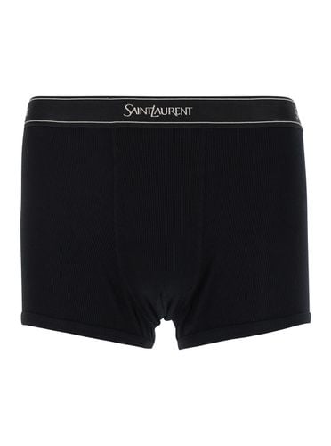Black Boxer Briefs With Logo Lettering Embroidery In Ribbed Cotton Man - Saint Laurent - Modalova