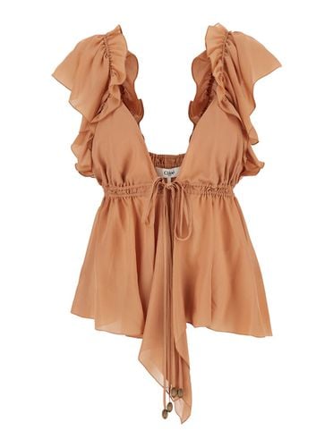 Beige Top With Gatherings And V Neck In Silk Georgette Woman - Chloé - Modalova