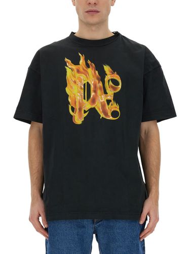 T-shirt With burning Monogram Print - Palm Angels - Modalova