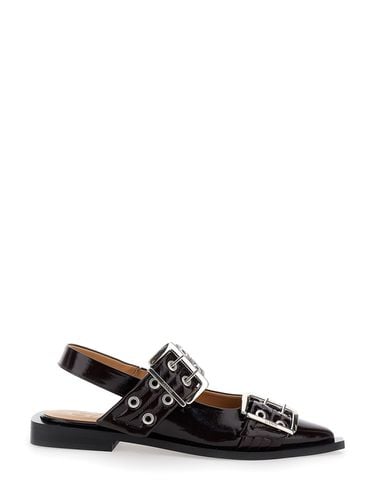 Black Slingback Ballet Flats With Oversized Buckle In Patent Leather Woman - Ganni - Modalova
