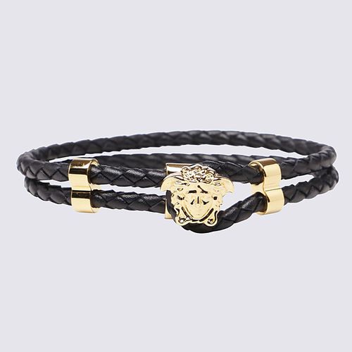 Black Leather And Gold-tone Brass Bracelet - Versace - Modalova