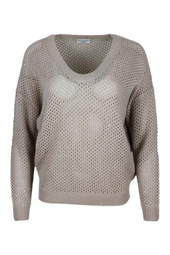 V-neck Sweater In Cashmere And Silk With Mesh Processing Embellished With Micro Sequins - Brunello Cucinelli - Modalova