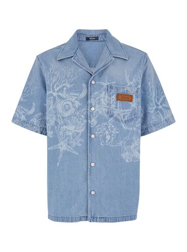 Light Blue Barocco Shirt With Barocco Sea Print In Cotton Denim Man - Versace - Modalova