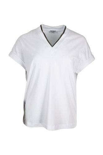 Short-sleeved T-shirt In Stretch Cotton With V-neckline Trimmed With Jewels - Brunello Cucinelli - Modalova