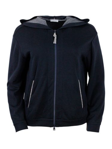 Cotton And Silk Sweatshirt With Hood And Monili On The Zip - Brunello Cucinelli - Modalova