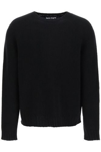 Black Wool Sweater With White Curved Logo On The Back - Palm Angels - Modalova